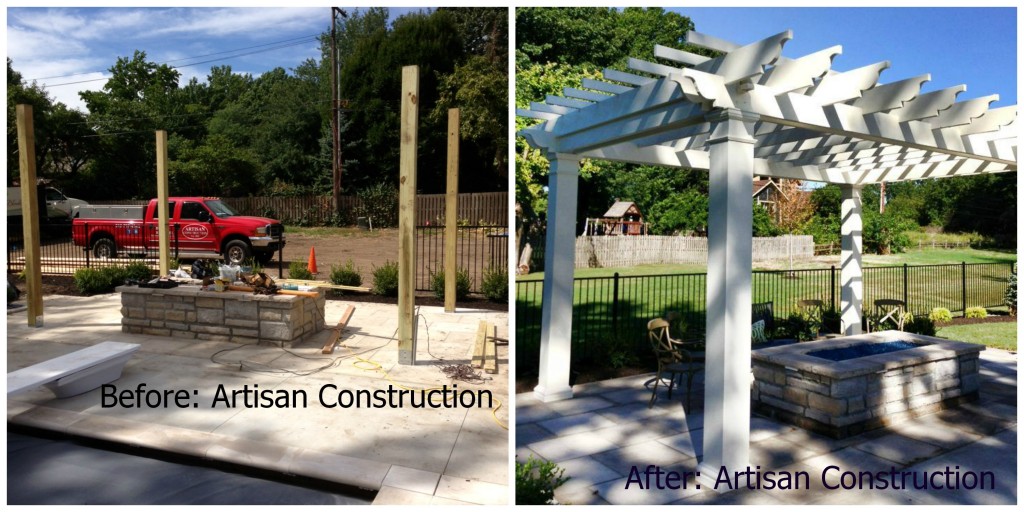 Before and after pergola from Artisan Construction, 7321 N Antioch Gladstone, MO  64119. They can bjuild the perfect pergola to compliment your backyard or pool area. 